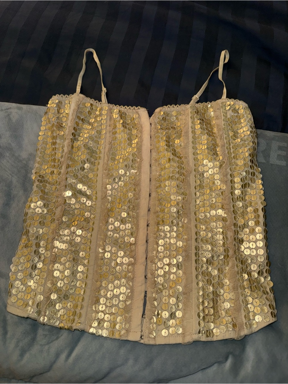 Bebe Gold Sequin Corset Bustier Top with Lace Panels, Size S